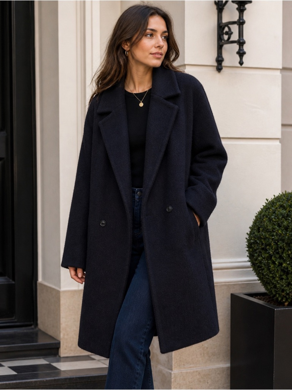 NWT Boss Navy Wool Blend Double Breasted Pea Coat Womens 14 Quiet Luxury Chic